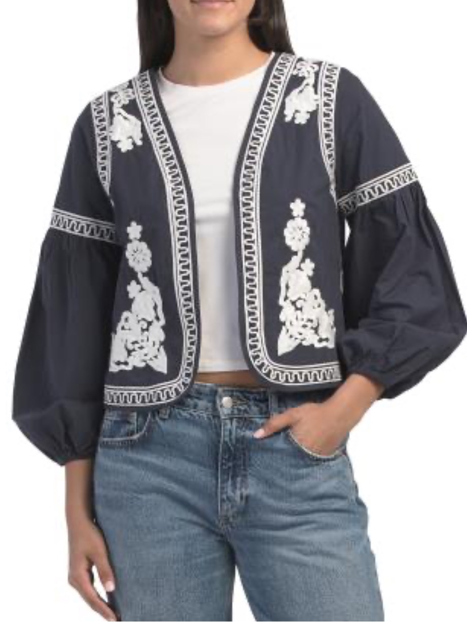 Solitaire Navy Jacket With White Floral Embroidery